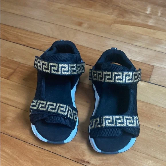 Versace Black and Gold Sandals with Greek Key Design - Picture 4 of 5